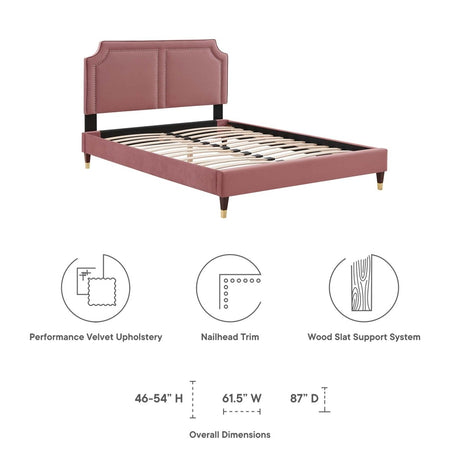 Upholstered Performance Velvet King Platform Bed with Gold Detail in Dusty Rose - Platform Bed available at Alpine Outlets in Denver