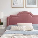 Upholstered Performance Velvet King Platform Bed with Headboard and Nailhead Trim in Dusty Rose - Platform Bed available at Alpine Outlets in Denver