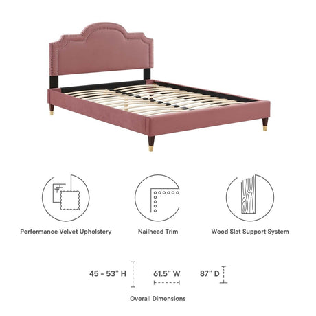 Upholstered Performance Velvet King Platform Bed with Headboard and Nailhead Trim in Dusty Rose - Platform Bed available at Alpine Outlets in Denver