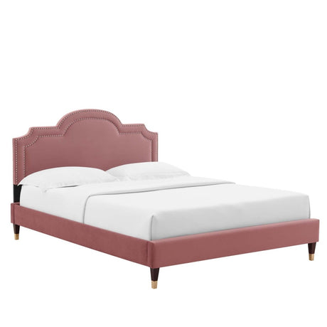 Upholstered Performance Velvet King Platform Bed with Headboard and Nailhead Trim in Dusty Rose - Platform Bed available at Alpine Outlets in Denver