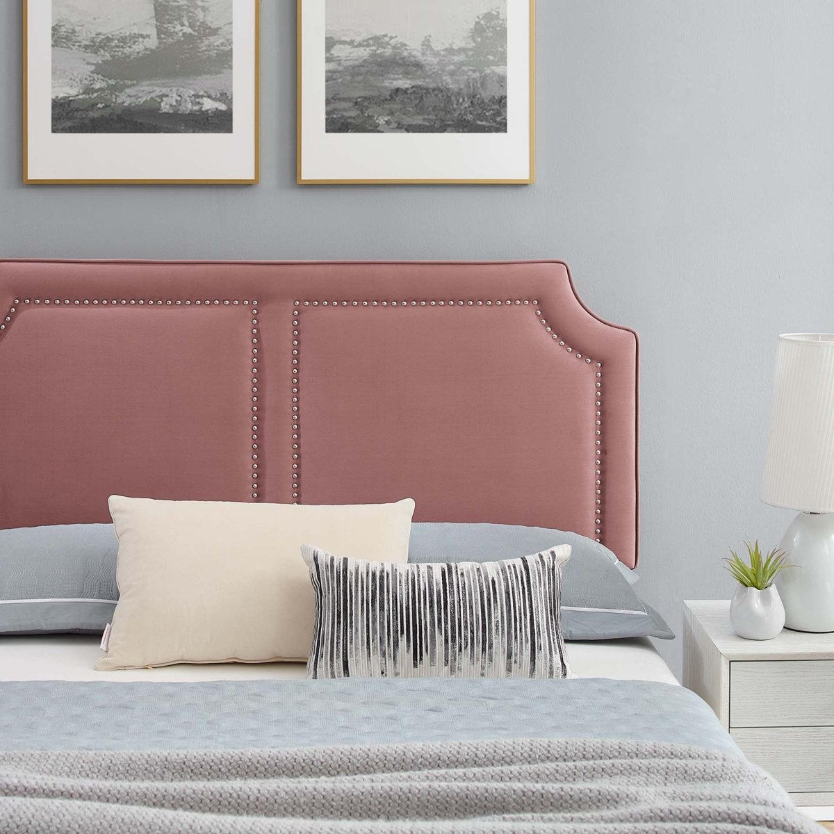 Upholstered Performance Velvet King Platform Bed with Notched Headboard and Nailhead Trim in Dusty Rose - Platform Bed available at Alpine Outlets in Denver