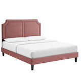 Upholstered Performance Velvet King Platform Bed with Notched Headboard and Nailhead Trim in Dusty Rose - Platform Bed available at Alpine Outlets in Denver