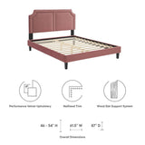 Upholstered Performance Velvet King Platform Bed with Notched Headboard and Nailhead Trim in Dusty Rose - Platform Bed available at Alpine Outlets in Denver