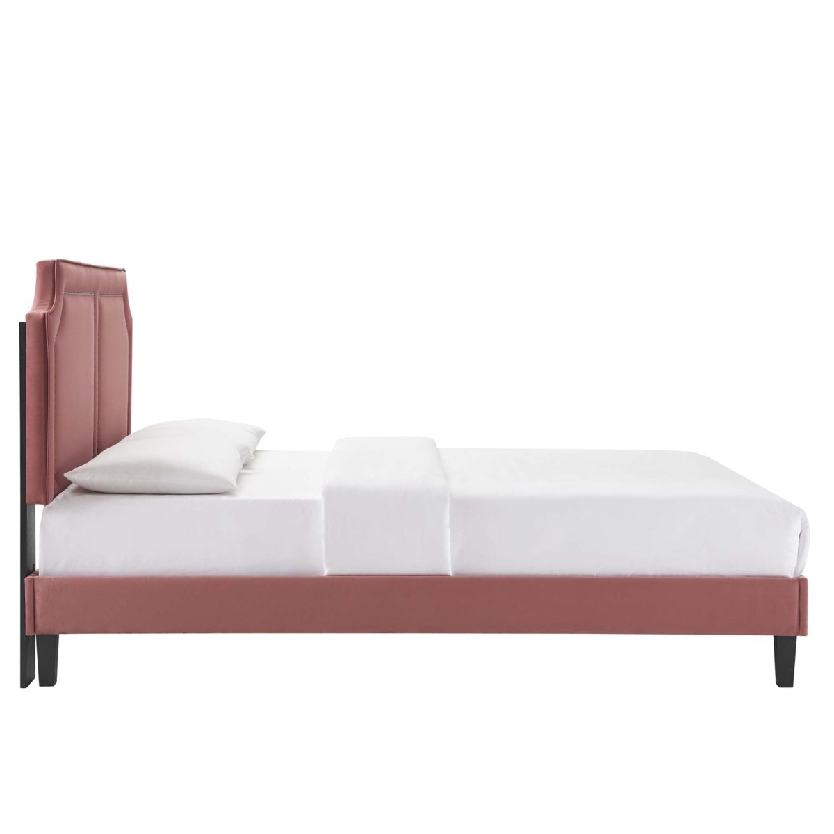 Upholstered Performance Velvet King Platform Bed with Notched Headboard and Nailhead Trim in Dusty Rose - Platform Bed available at Alpine Outlets in Denver