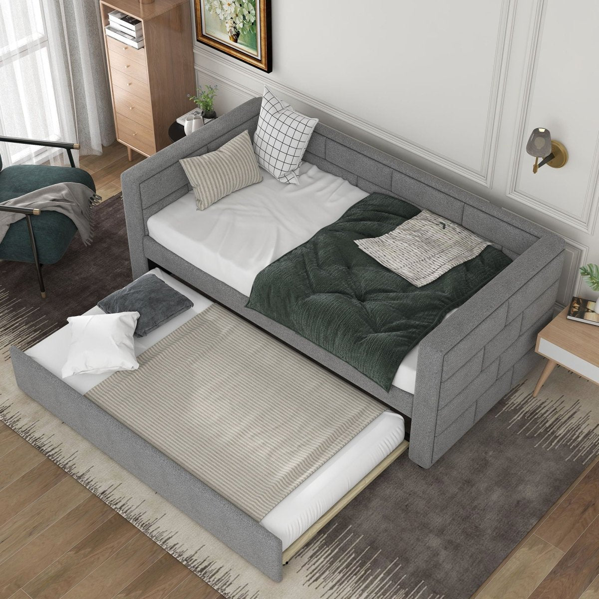 Upholstered Twin Size Daybed With Trundle, Padded Back And Sides - Gray - Trundle Beds available at Alpine Outlets in Denver