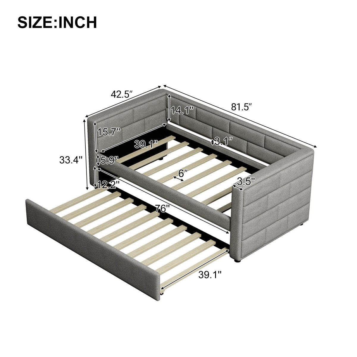 Upholstered Twin Size Daybed With Trundle, Padded Back And Sides - Gray - Trundle Beds available at Alpine Outlets in Denver