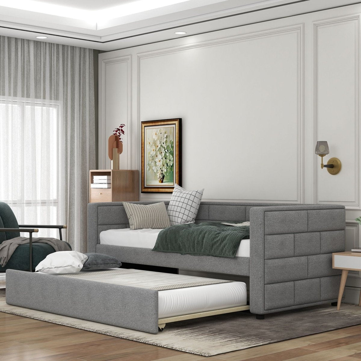 Upholstered Twin Size Daybed With Trundle, Padded Back And Sides - Gray - Trundle Beds available at Alpine Outlets in Denver