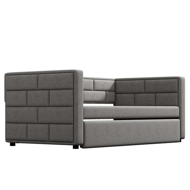 Upholstered Twin Size Daybed With Trundle, Padded Back And Sides - Gray - Trundle Beds available at Alpine Outlets in Denver