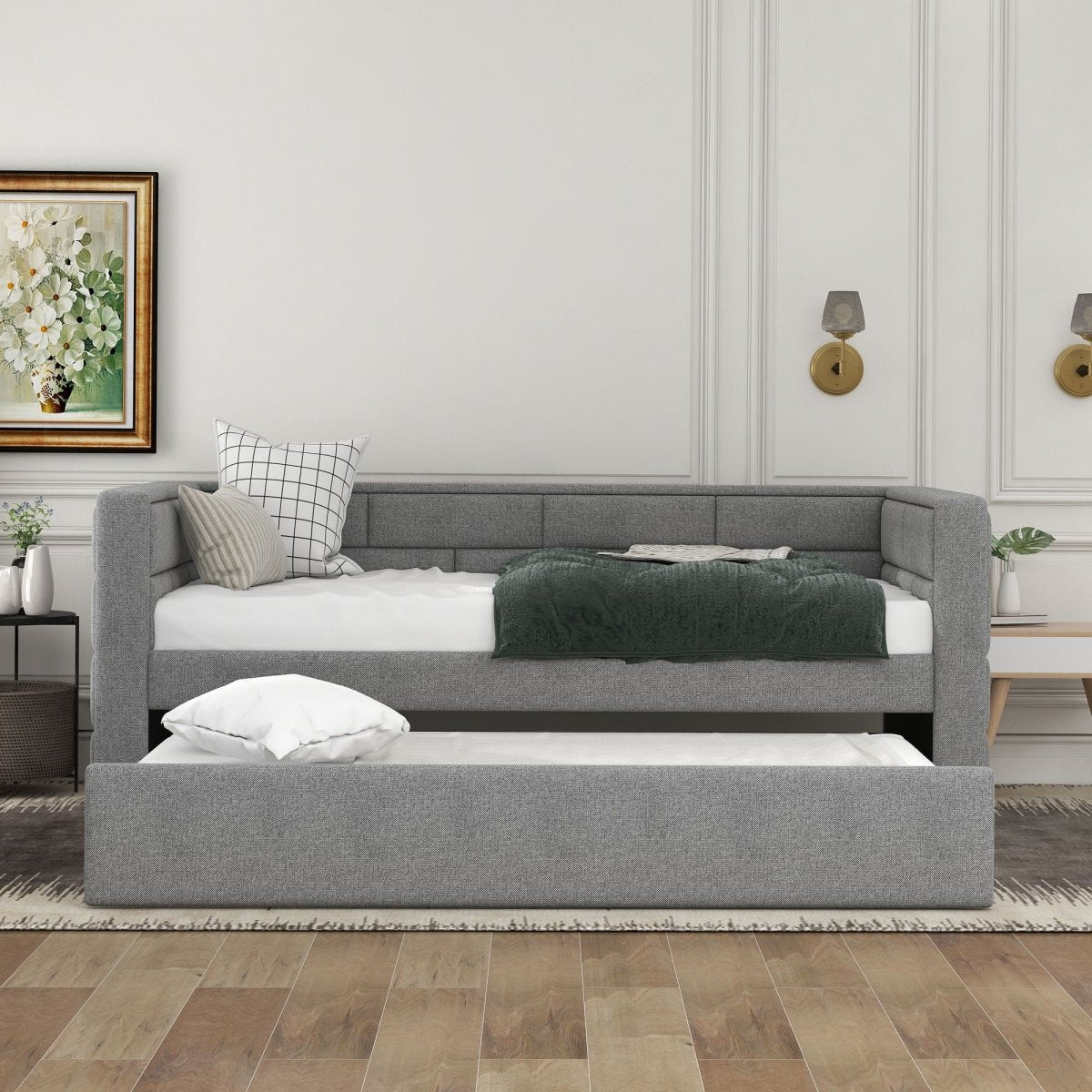 Upholstered Twin Size Daybed With Trundle, Padded Back And Sides - Gray - Trundle Beds available at Alpine Outlets in Denver