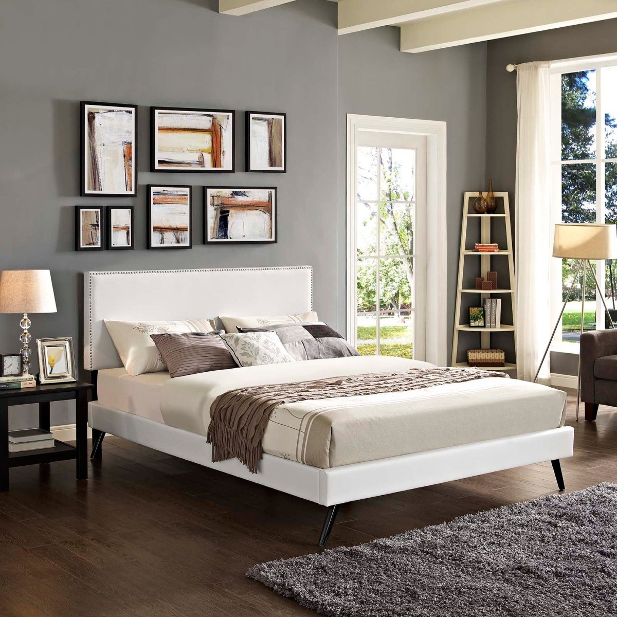 Upholstered Vinyl Full Platform Bed with Round Splayed Legs in White - Platform Bed available at Alpine Outlets in Denver
