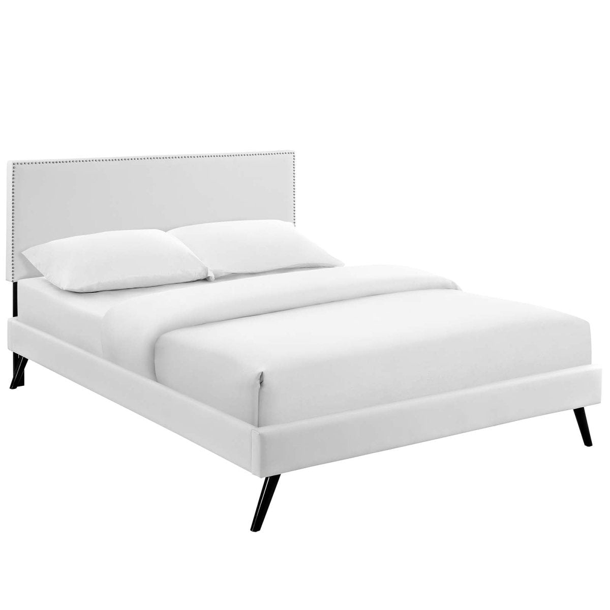 Upholstered Vinyl Full Platform Bed with Tapered Splayed Legs in White - Platform Bed available at Alpine Outlets in Denver