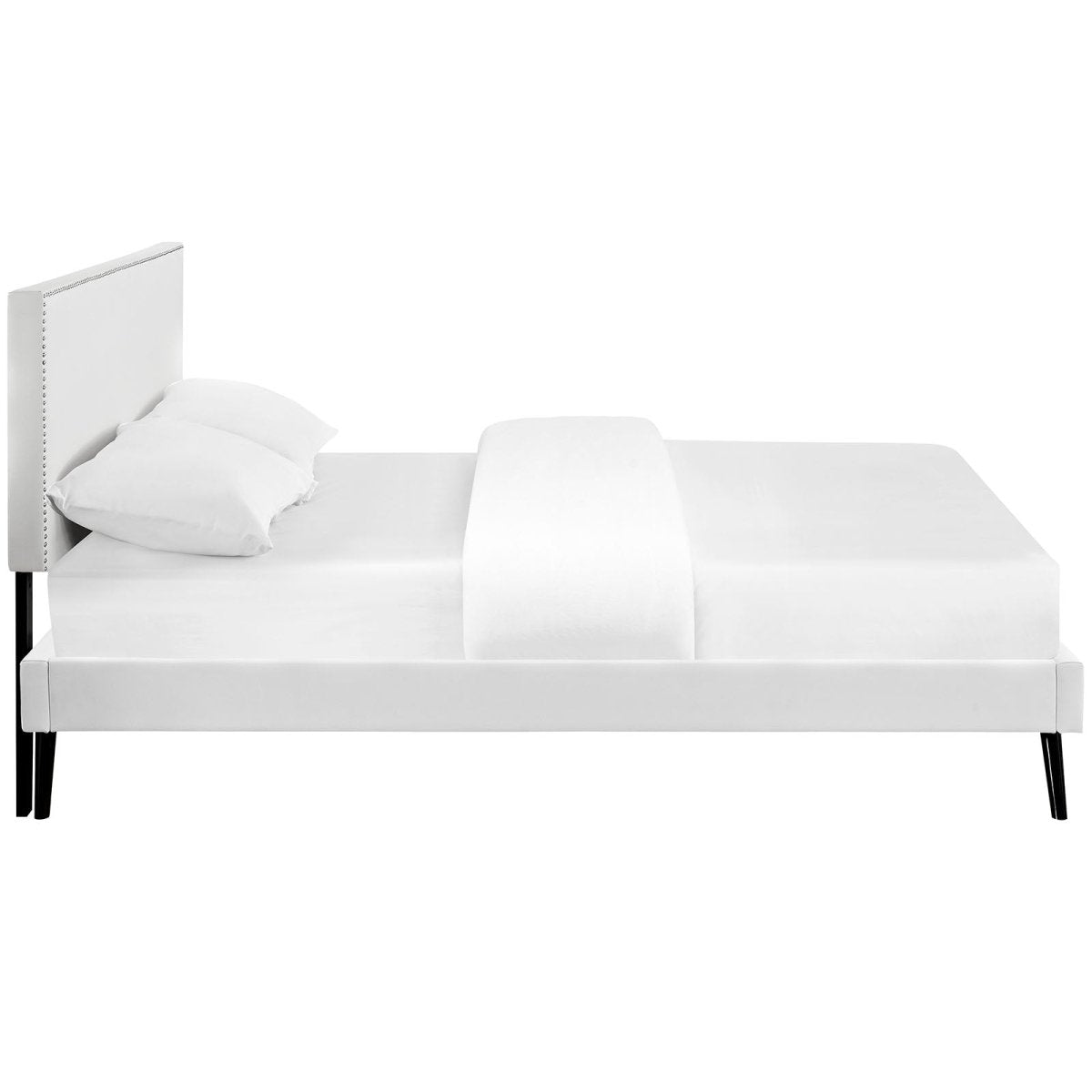 Upholstered Vinyl Full Platform Bed with Tapered Splayed Legs in White - Platform Bed available at Alpine Outlets in Denver