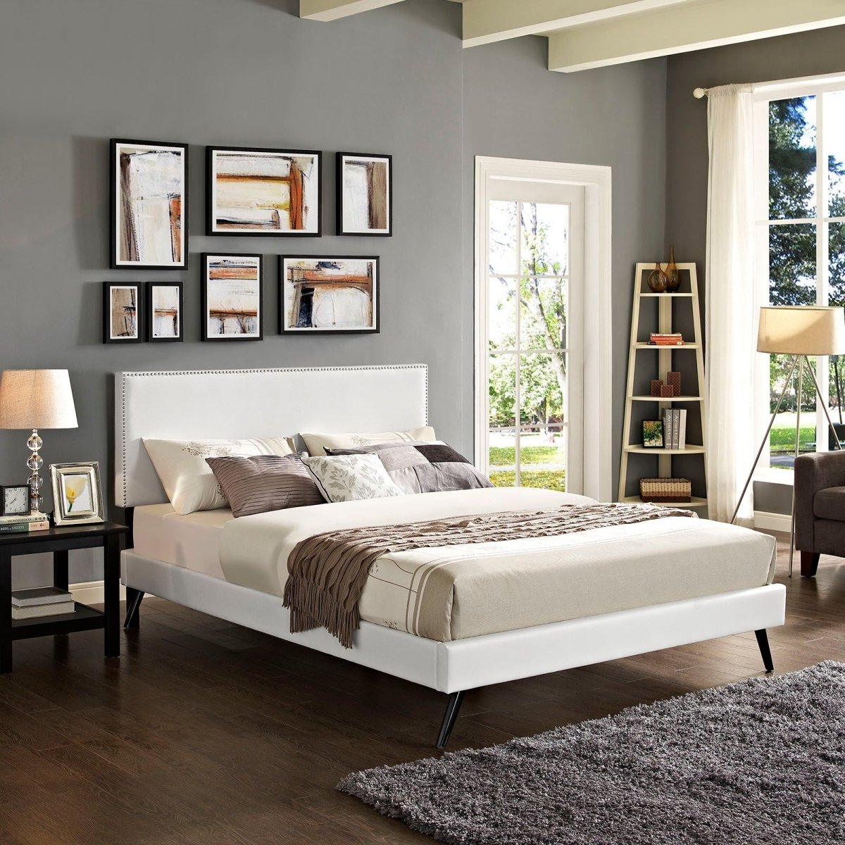 Upholstered Vinyl Full Platform Bed with Tapered Splayed Legs in White - Platform Bed available at Alpine Outlets in Denver