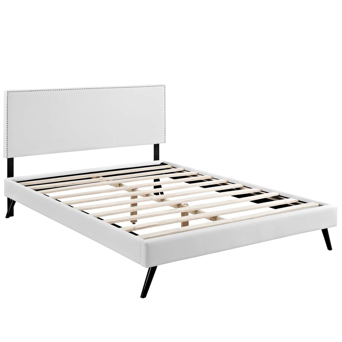 Upholstered Vinyl Full Platform Bed with Tapered Splayed Legs in White - Platform Bed available at Alpine Outlets in Denver