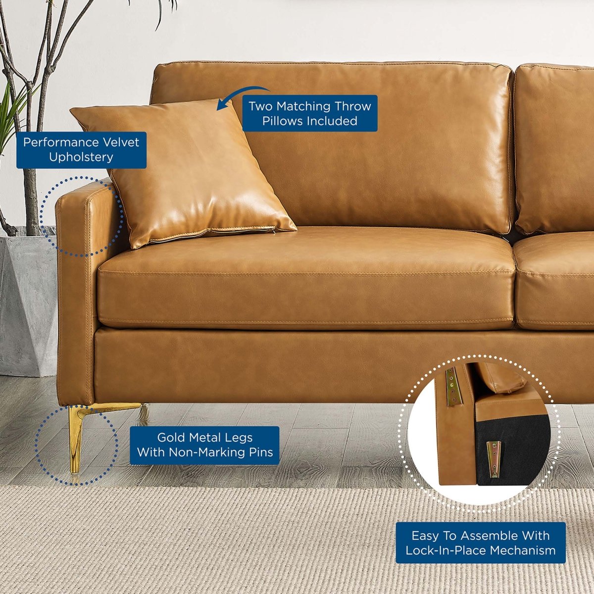 Vegan Leather Sofa with Gold Legs and Throw Pillows in Tan - Living Room Furniture available at Alpine Outlets in Denver