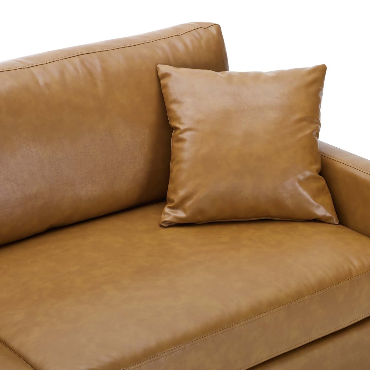 Vegan Leather Sofa with Gold Legs and Throw Pillows in Tan - Living Room Furniture available at Alpine Outlets in Denver