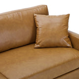 Vegan Leather Sofa with Gold Legs and Throw Pillows in Tan - Living Room Furniture available at Alpine Outlets in Denver