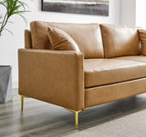 Vegan Leather Sofa with Gold Legs and Throw Pillows in Tan - Living Room Furniture available at Alpine Outlets in Denver