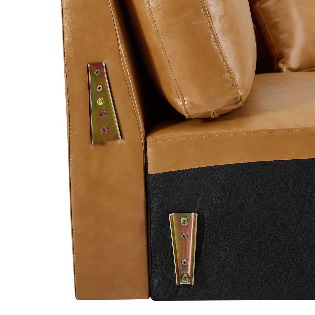 Vegan Leather Sofa with Gold Legs and Throw Pillows in Tan - Living Room Furniture available at Alpine Outlets in Denver
