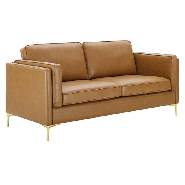 Vegan Leather Sofa with Gold Metal Legs in Tan - Living Room Furniture available at Alpine Outlets in Denver
