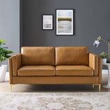 Vegan Leather Sofa with Gold Metal Legs in Tan - Living Room Furniture available at Alpine Outlets in Denver
