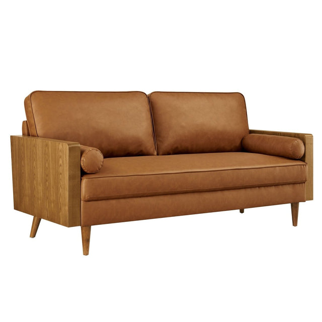 Vegan Leather Sofa with Wood Veneer Armrests - Living Room Furniture available at Alpine Outlets in Denver