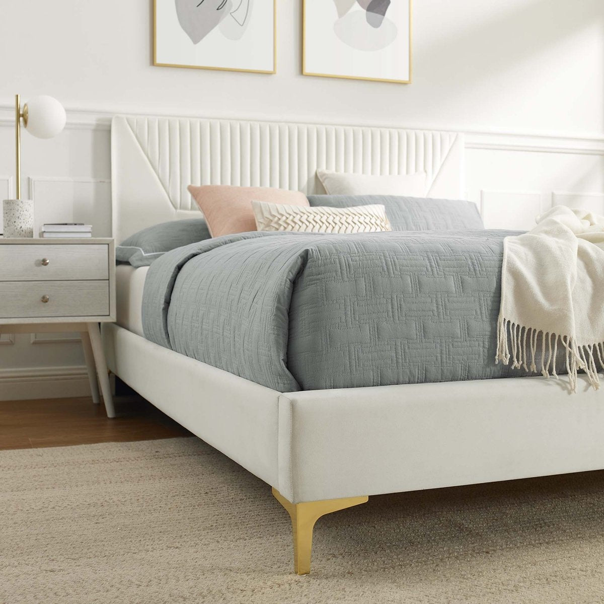 Vertical Channel Tufted Performance Velvet Platform Bed with Gold Legs - Platform Bed available at Alpine Outlets in Denver