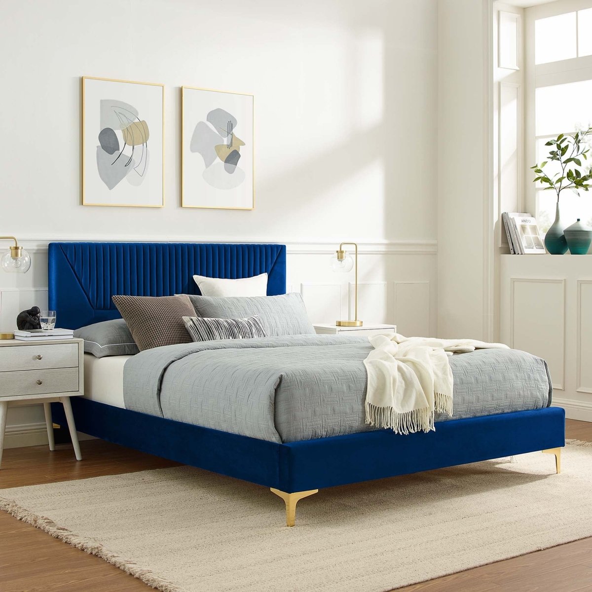 Vertical Channel Tufted Performance Velvet Platform Bed with Gold Legs - Platform Bed available at Alpine Outlets in Denver