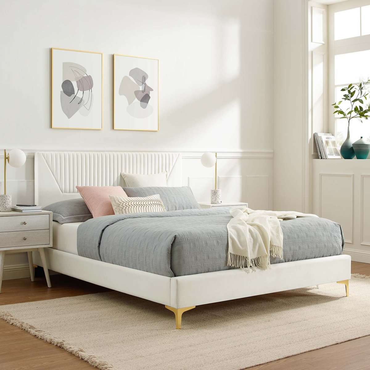 Vertical Channel Tufted Performance Velvet Platform Bed with Gold Legs - Platform Bed available at Alpine Outlets in Denver