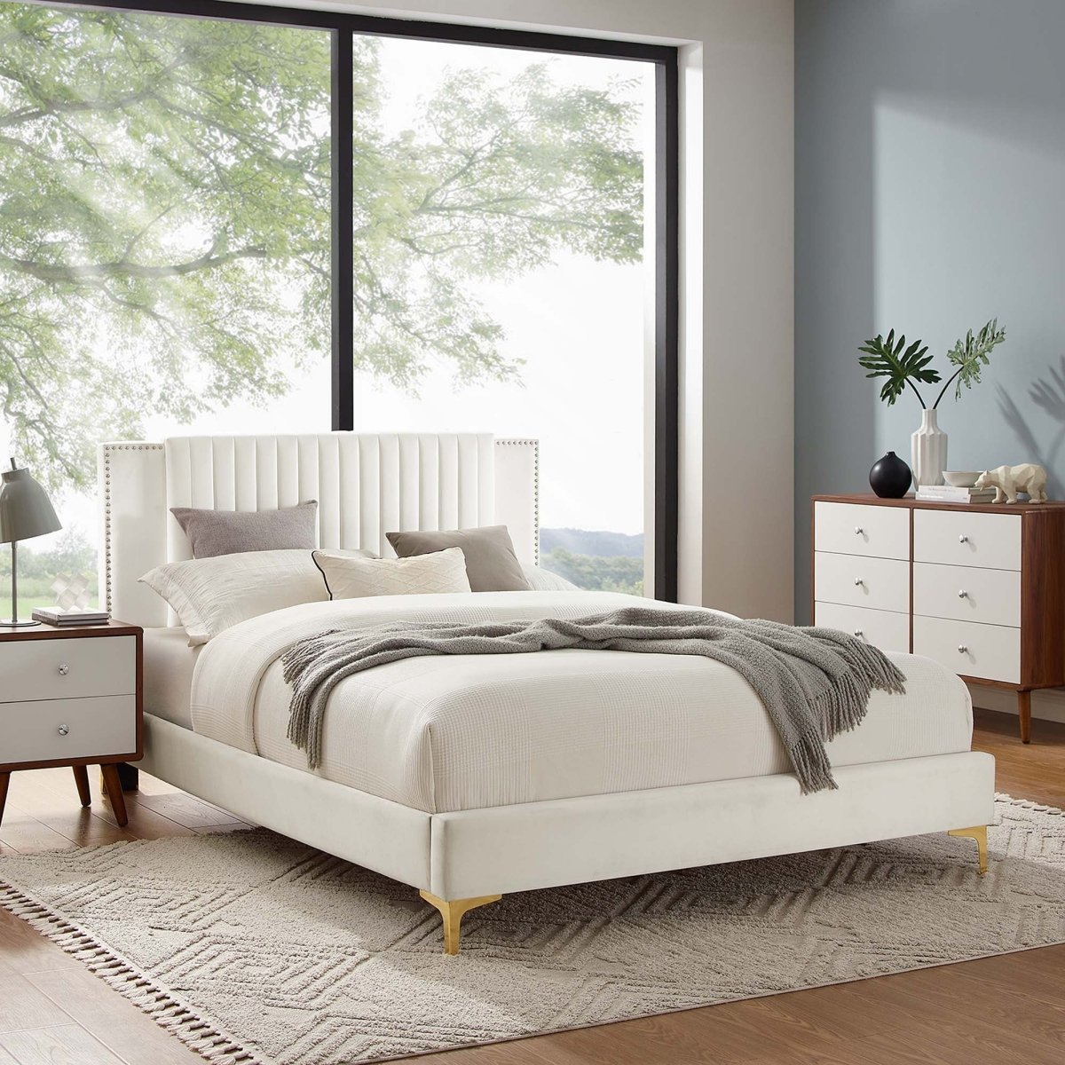 Vertical Channel Tufted Performance Velvet Platform Bed with Nailhead Trim - Platform Bed available at Alpine Outlets in Denver