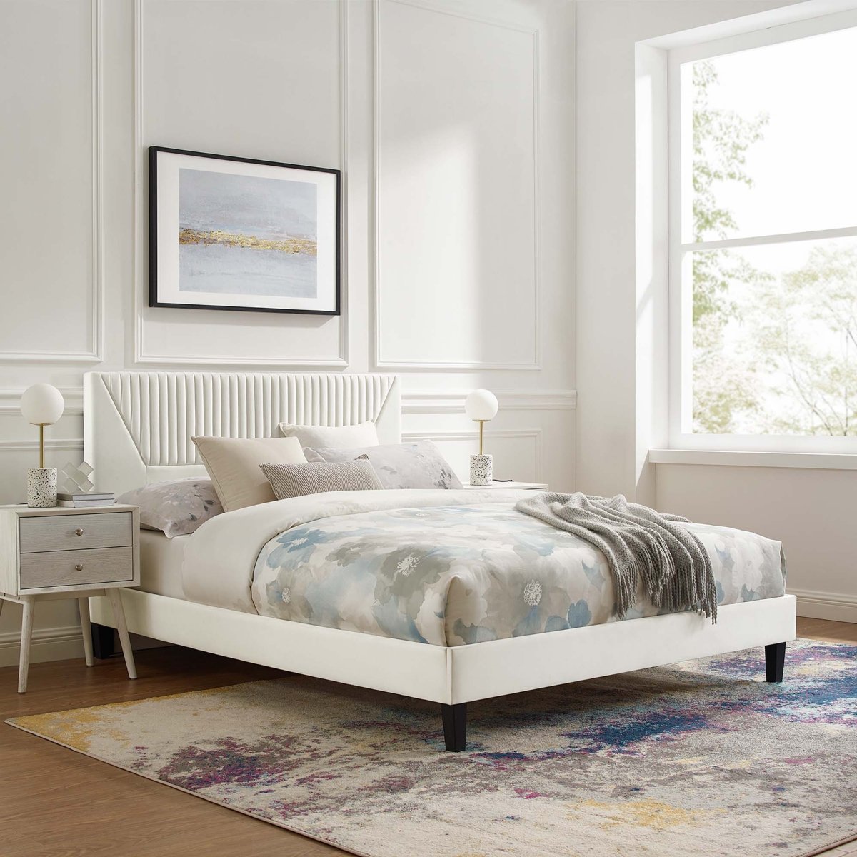 Vertical Channel Tufted Performance Velvet Platform Bed with Tapered Legs - Platform Bed available at Alpine Outlets in Denver
