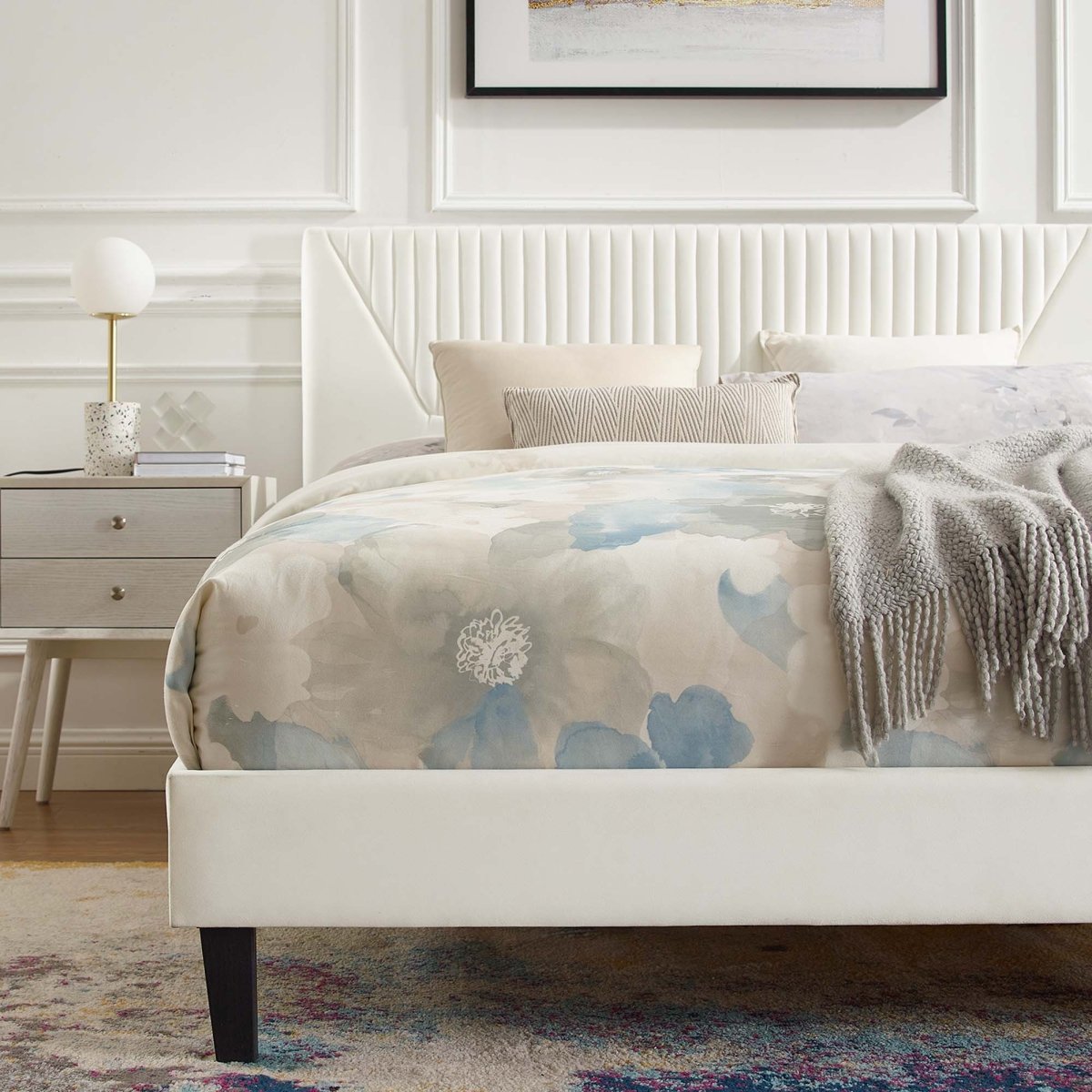 Vertical Channel Tufted Performance Velvet Platform Bed with Tapered Legs - Platform Bed available at Alpine Outlets in Denver