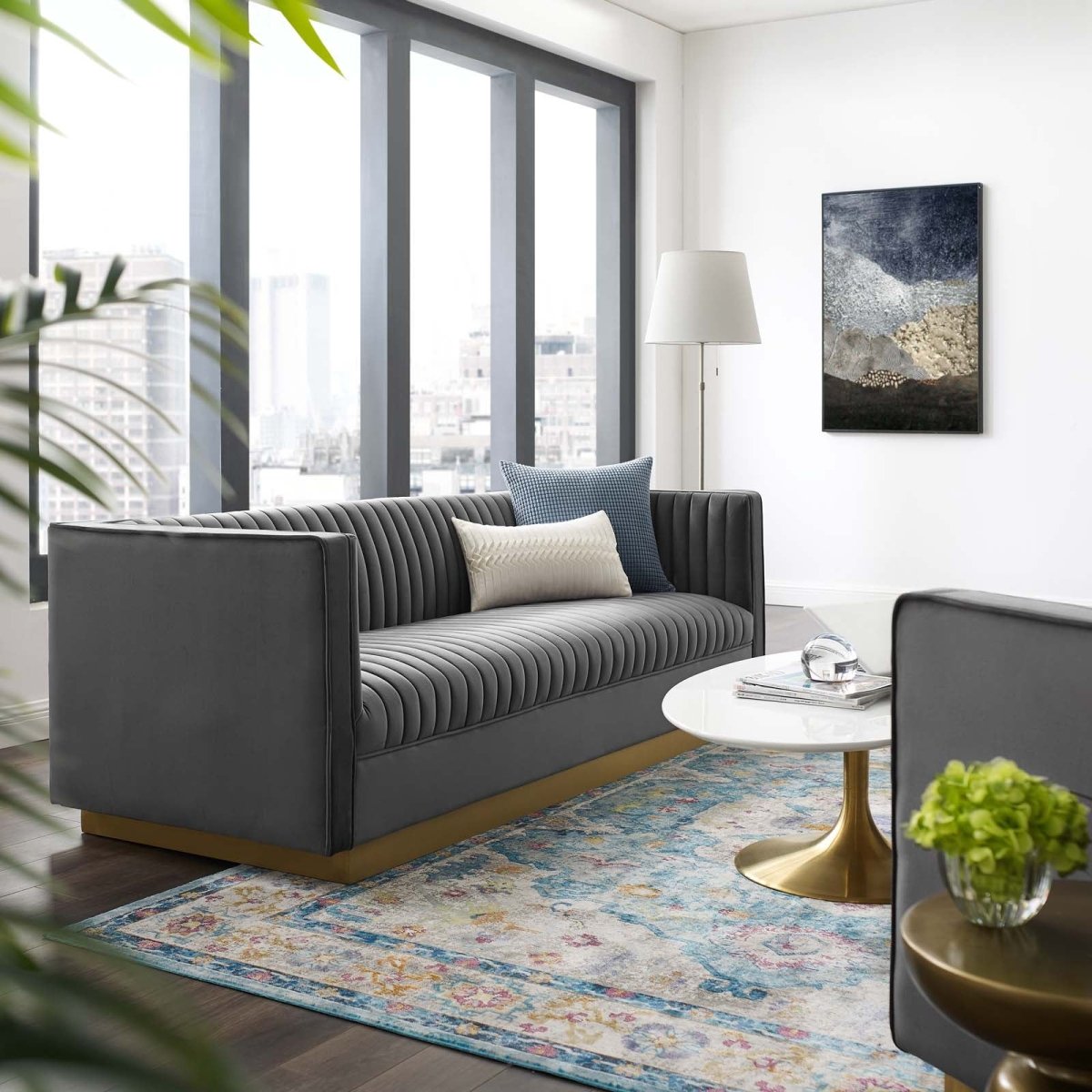 Vertical Channel Tufted Performance Velvet Sofa with Gold Base in Gray - Living Room Furniture available at Alpine Outlets in Denver