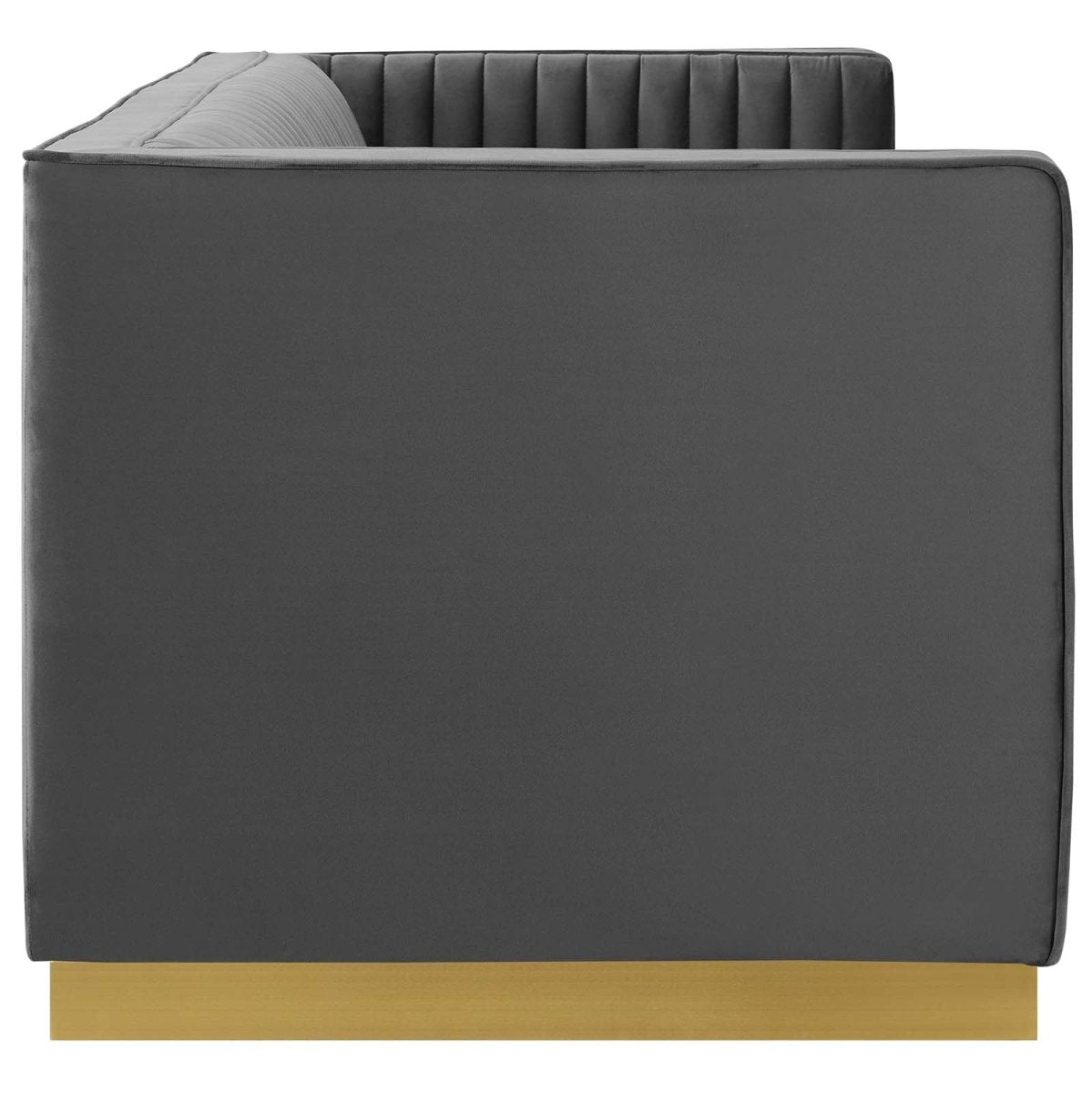 Vertical Channel Tufted Performance Velvet Sofa with Gold Base in Gray - Living Room Furniture available at Alpine Outlets in Denver