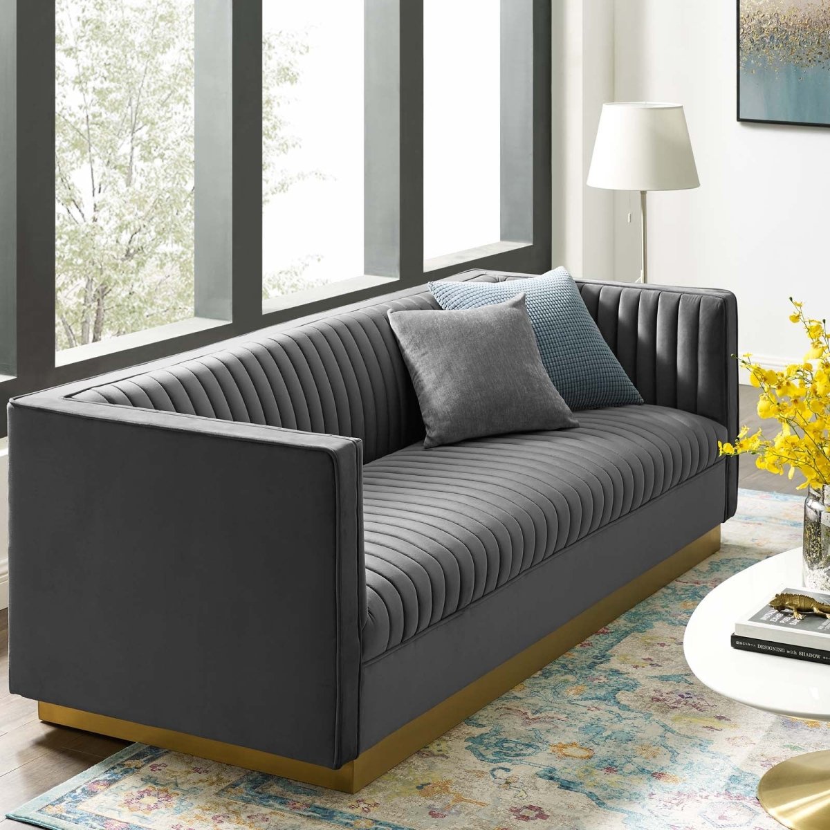 Vertical Channel Tufted Performance Velvet Sofa with Gold Base in Gray - Living Room Furniture available at Alpine Outlets in Denver