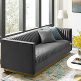 Vertical Channel Tufted Performance Velvet Sofa with Gold Base in Gray - Living Room Furniture available at Alpine Outlets in Denver