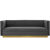 Vertical Channel Tufted Performance Velvet Sofa with Gold Base in Gray - Living Room Furniture available at Alpine Outlets in Denver