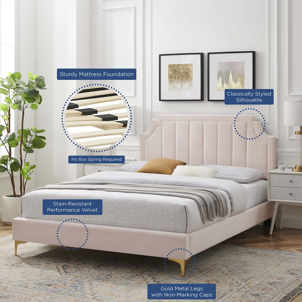 Vertical Tufted Performance Velvet Platform Bed with Gold Legs - Platform Bed available at Alpine Outlets in Denver