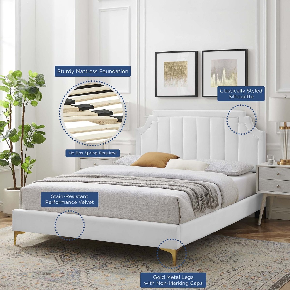 Vertical Tufted Performance Velvet Platform Bed with Gold Legs - Platform Bed available at Alpine Outlets in Denver