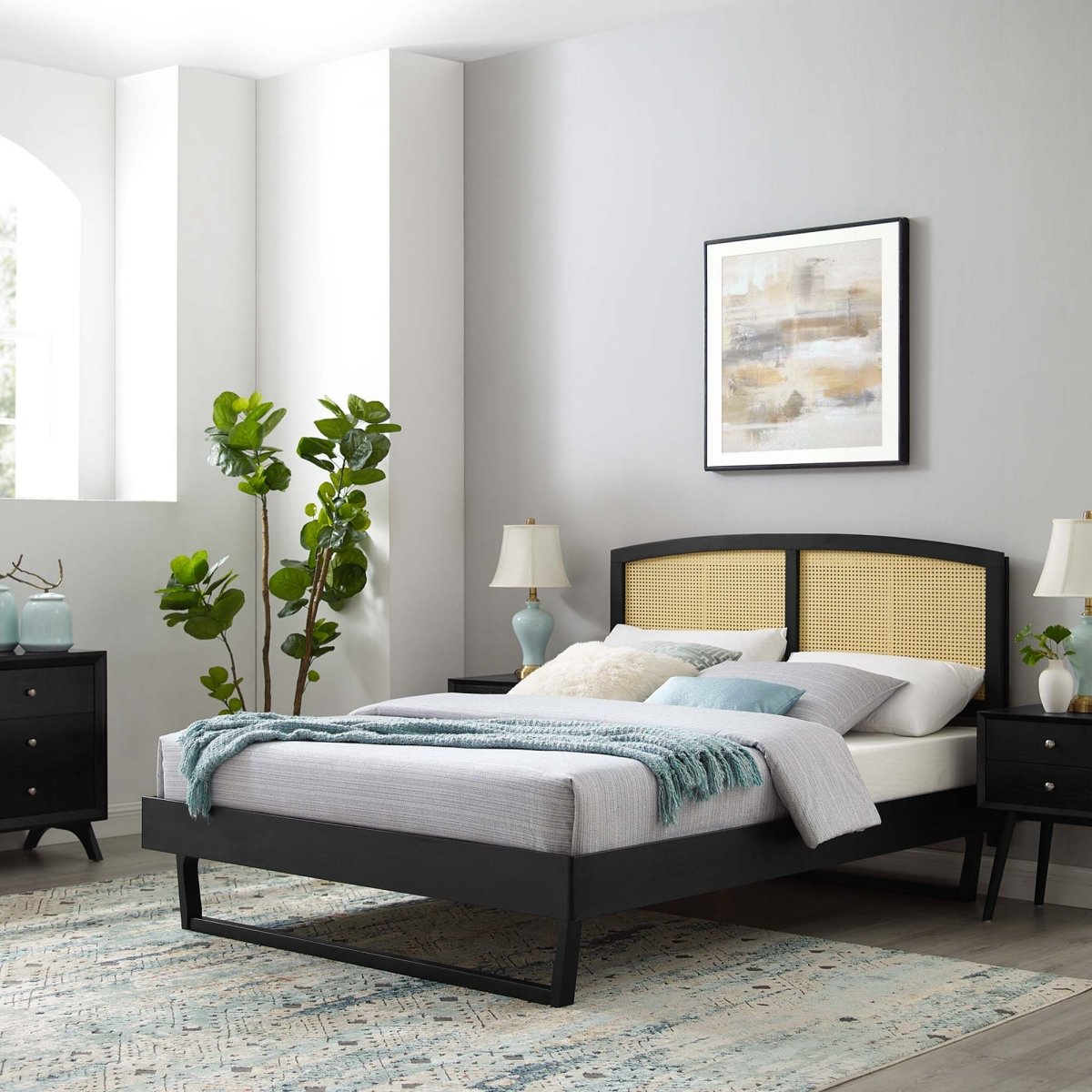 Woven Cane Rattan and Wood Platform Bed - Platform Bed available at Alpine Outlets in Denver