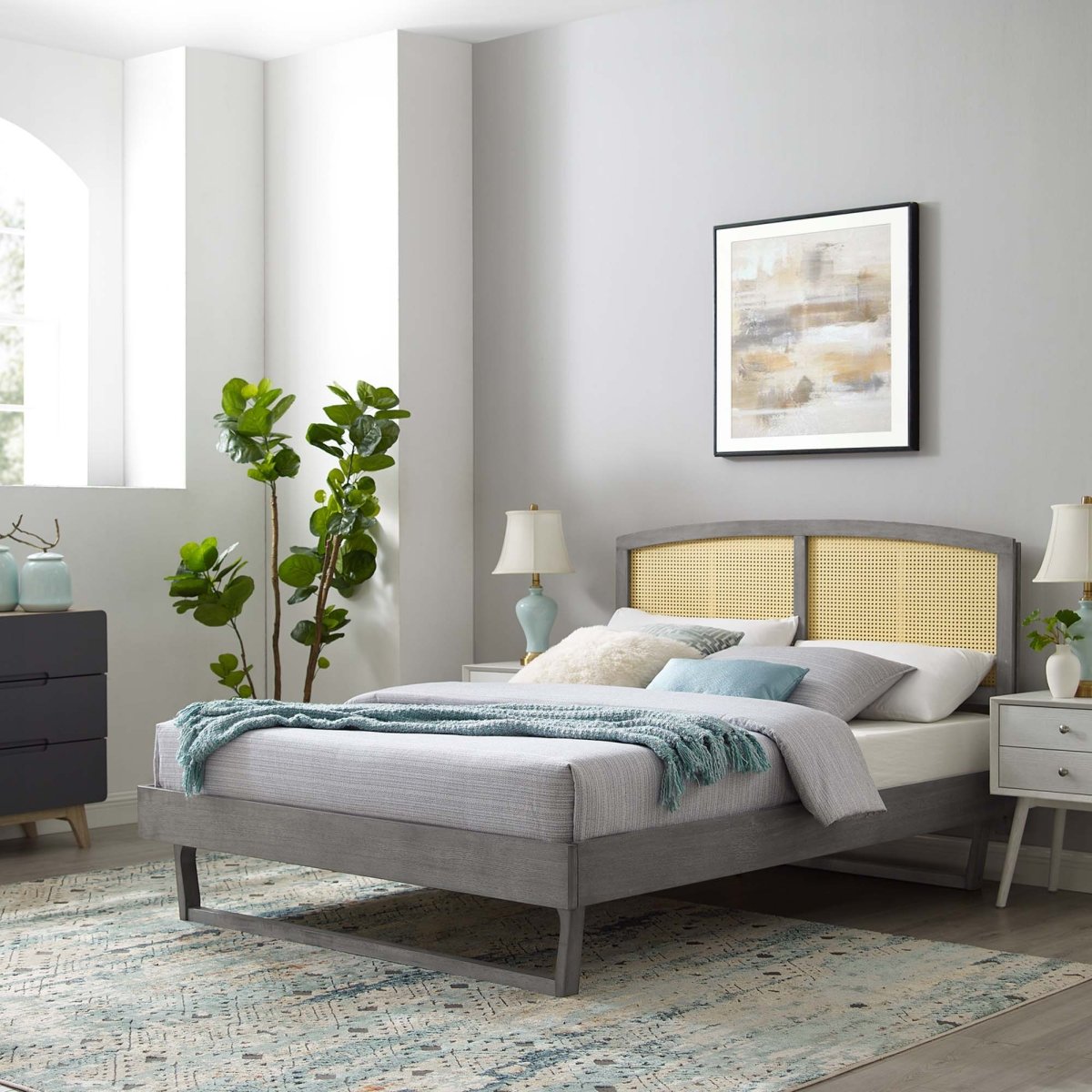 Woven Cane Rattan and Wood Platform Bed - Platform Bed available at Alpine Outlets in Denver