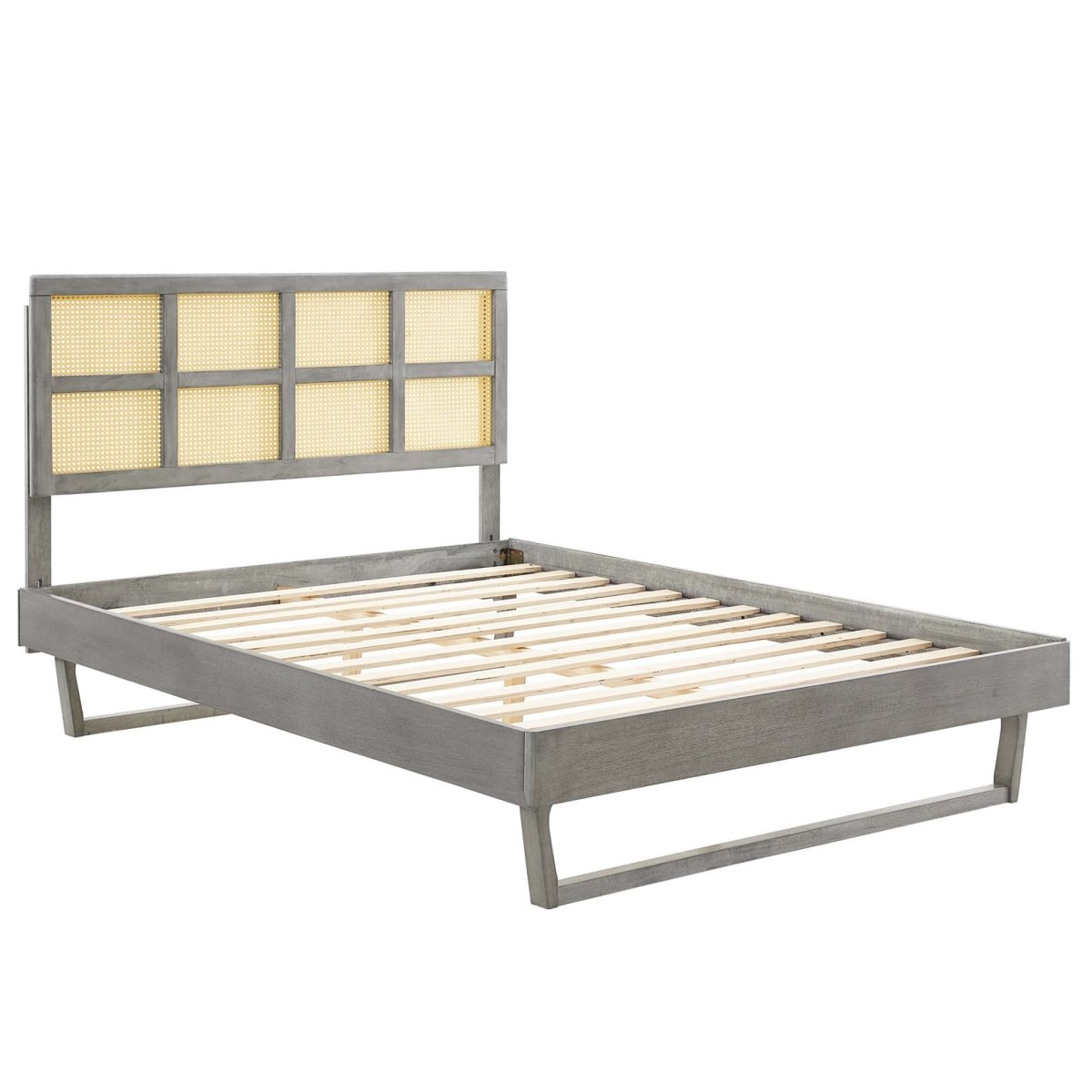 Woven Cane Rattan and Wood Platform Bed with Angular Legs - Platform Bed available at Alpine Outlets in Denver