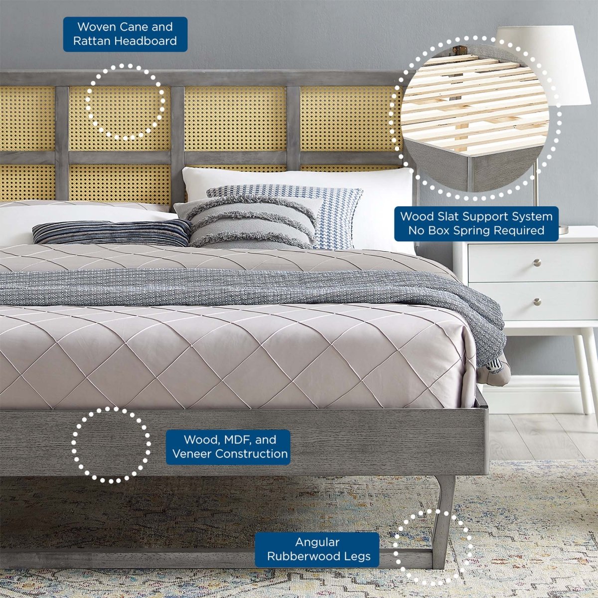 Woven Cane Rattan and Wood Platform Bed with Angular Legs - Platform Bed available at Alpine Outlets in Denver