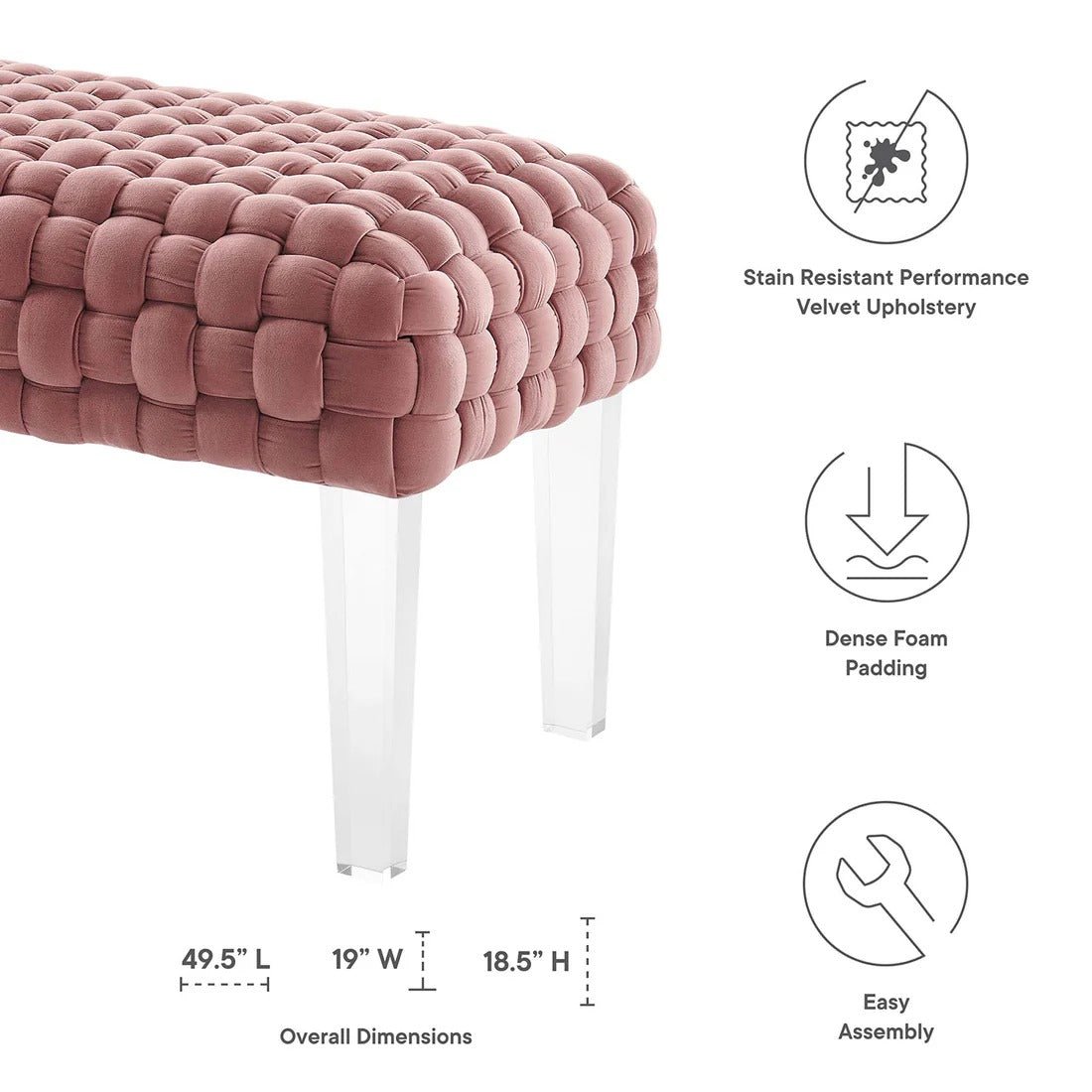 Woven Velvet Bench Ottoman with Acrylic Legs – 50 Inch - Ottomans available at Alpine Outlets in Denver