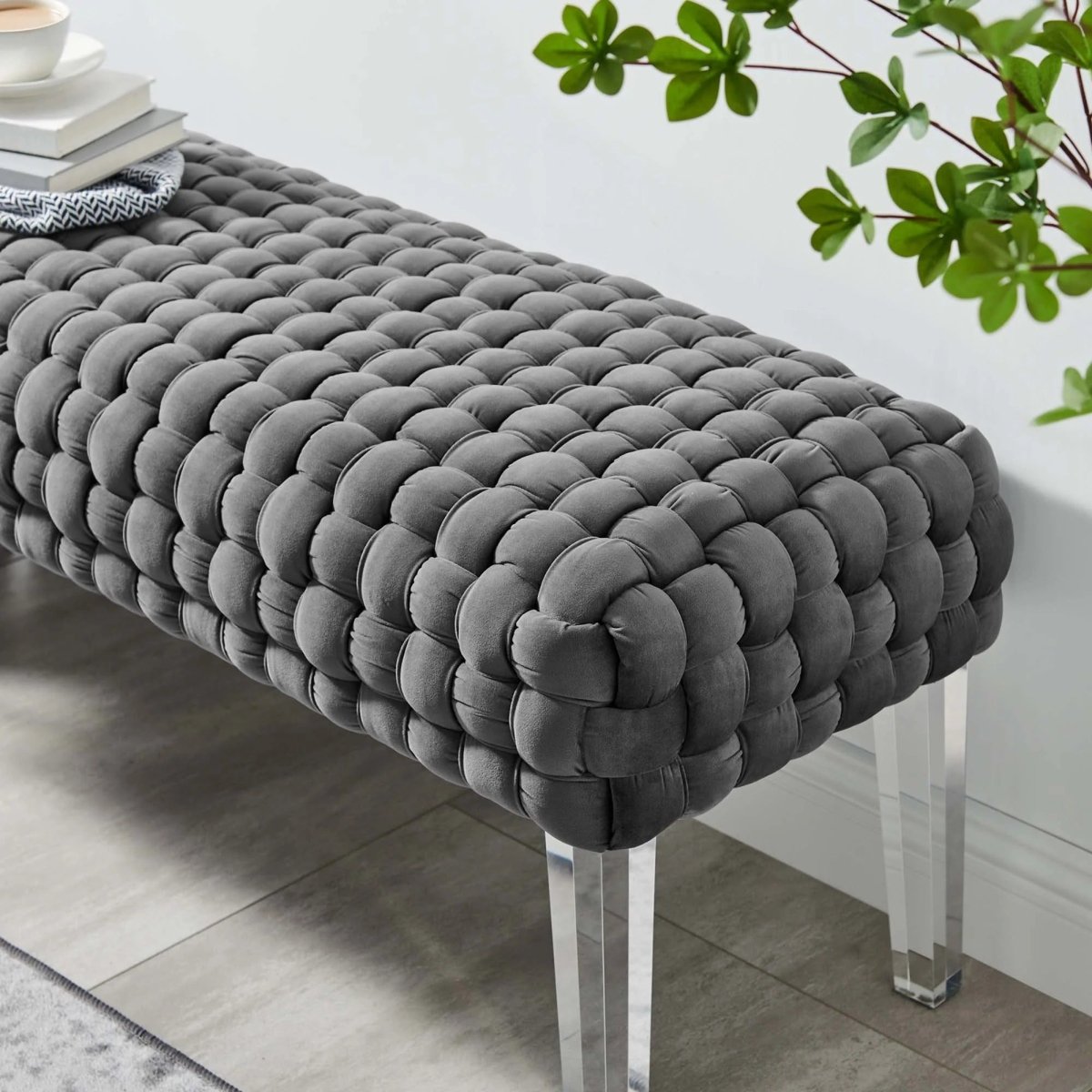 Woven Velvet Bench Ottoman with Acrylic Legs – 50 Inch - Ottomans available at Alpine Outlets in Denver