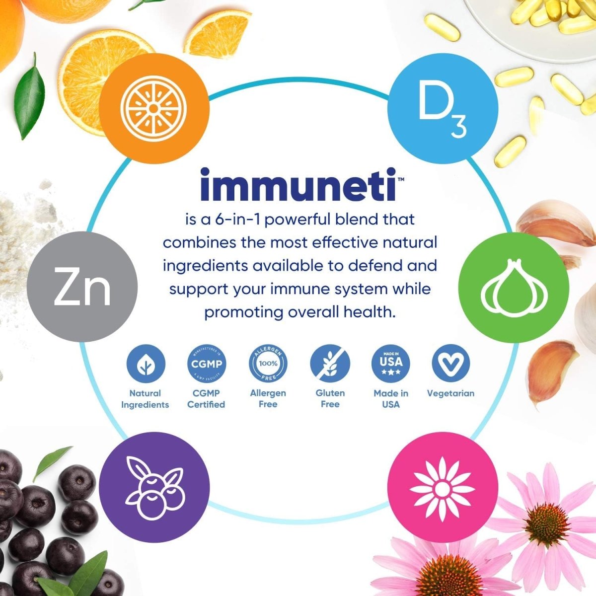 Immuneti - Advanced Immune Defense, 6-in-1 Powerful Blend of Vitamin C, Vitamin D3, Zinc, Elderberries, Garlic Bulb, Echinacea - Alpine Outlets